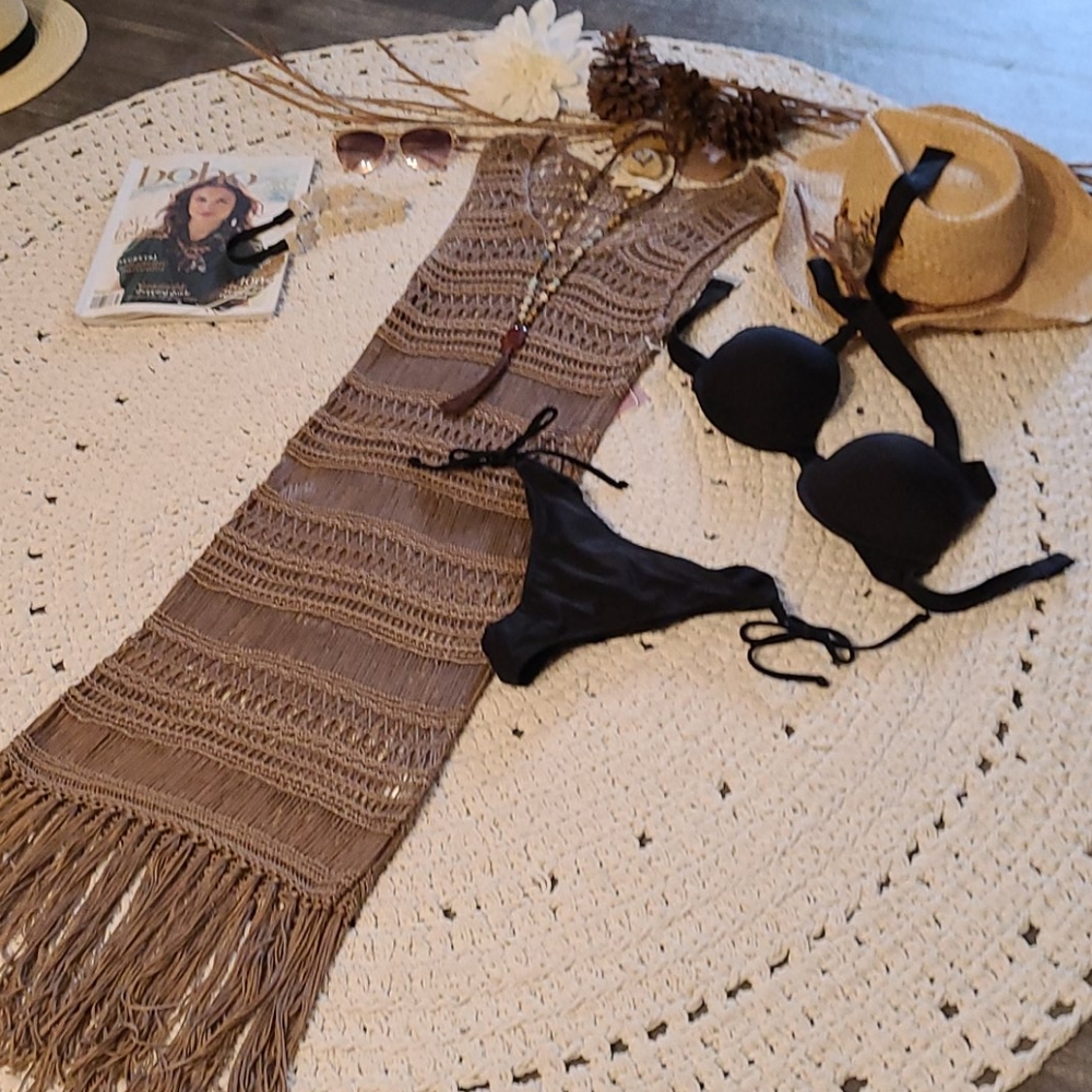 NWT BO HO CROCHET BEIGE UNIQUE LONG DRESS COVERUP - Picture 11 of 16